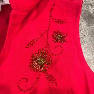 Y2K red linen blend button up vest with beaded floral design size 8p